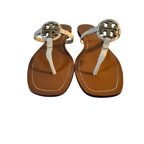 Tory Burch Mini Miller Leather Thong Sandals Size 8M Dulce De Leche Metal Logo - Picture 7 of 12